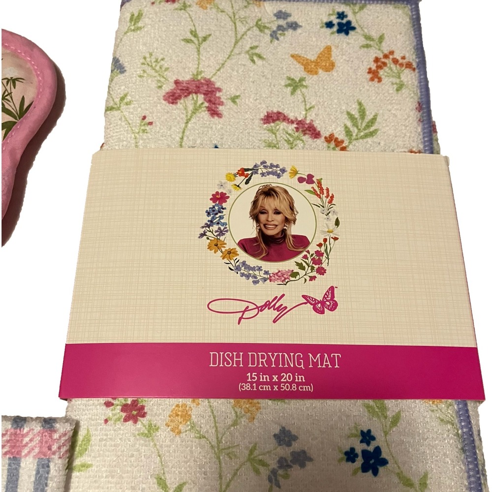 Dolly Parton Floral Butterfly Kitchen Set Dish Drying Mat Pot Holder Dish Cloths - Picture 2 of 7